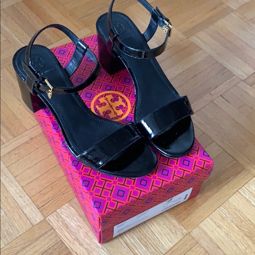 Tory Burch Laurel Black Patent sandal. Worn 1X
